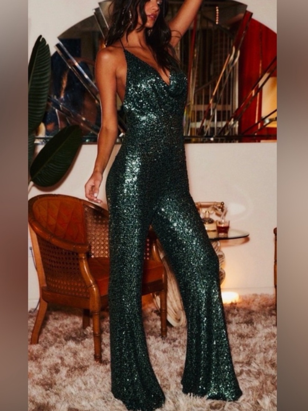 12th Tribe Emerald Green Sequin Open-Back Jumpsuit